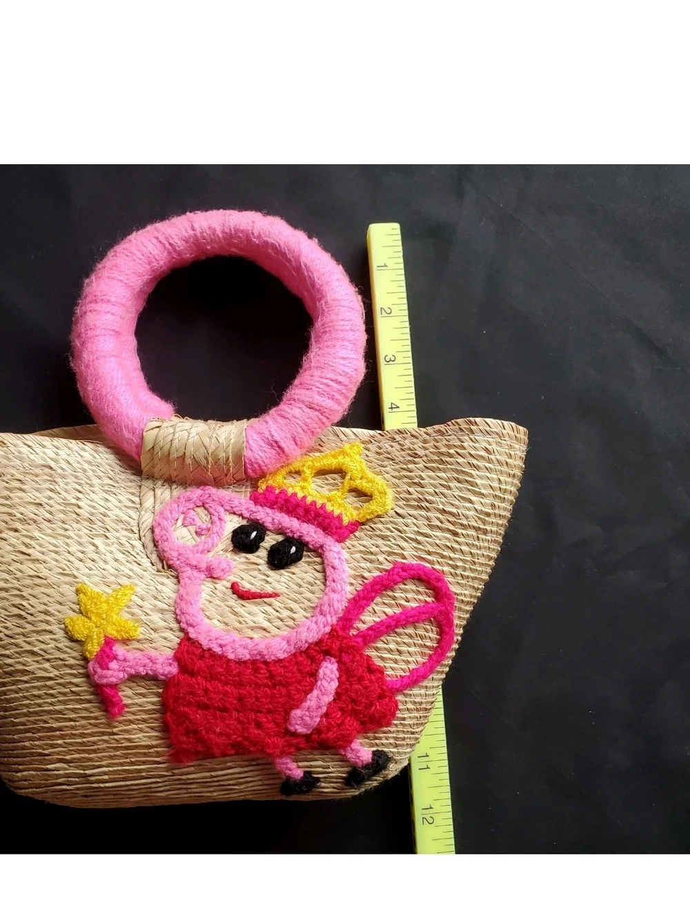 Fabulous Straw Purse With Homemade Crochet Peppa Pig Fairy Design Cute & Unique!